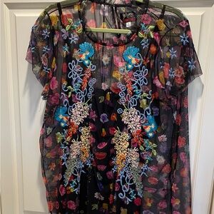 Johnny Was Black Sheer Top with Multicolor Floral Embroidery